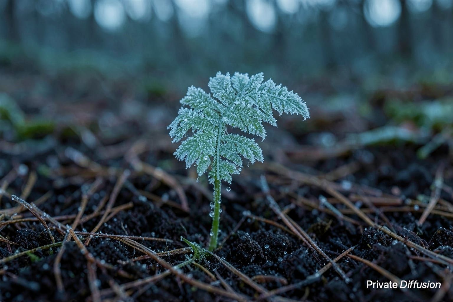 Frost crystals cover the edge of a fern frond on the forest floor.