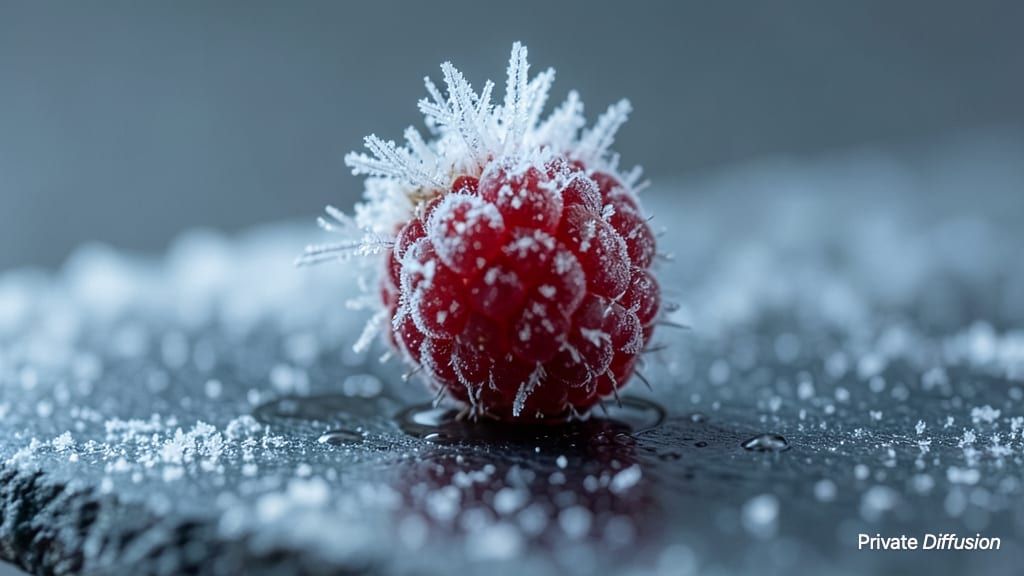 A frosted raspberry sits on dark slate with tiny melt droplets and gray blur behind it.