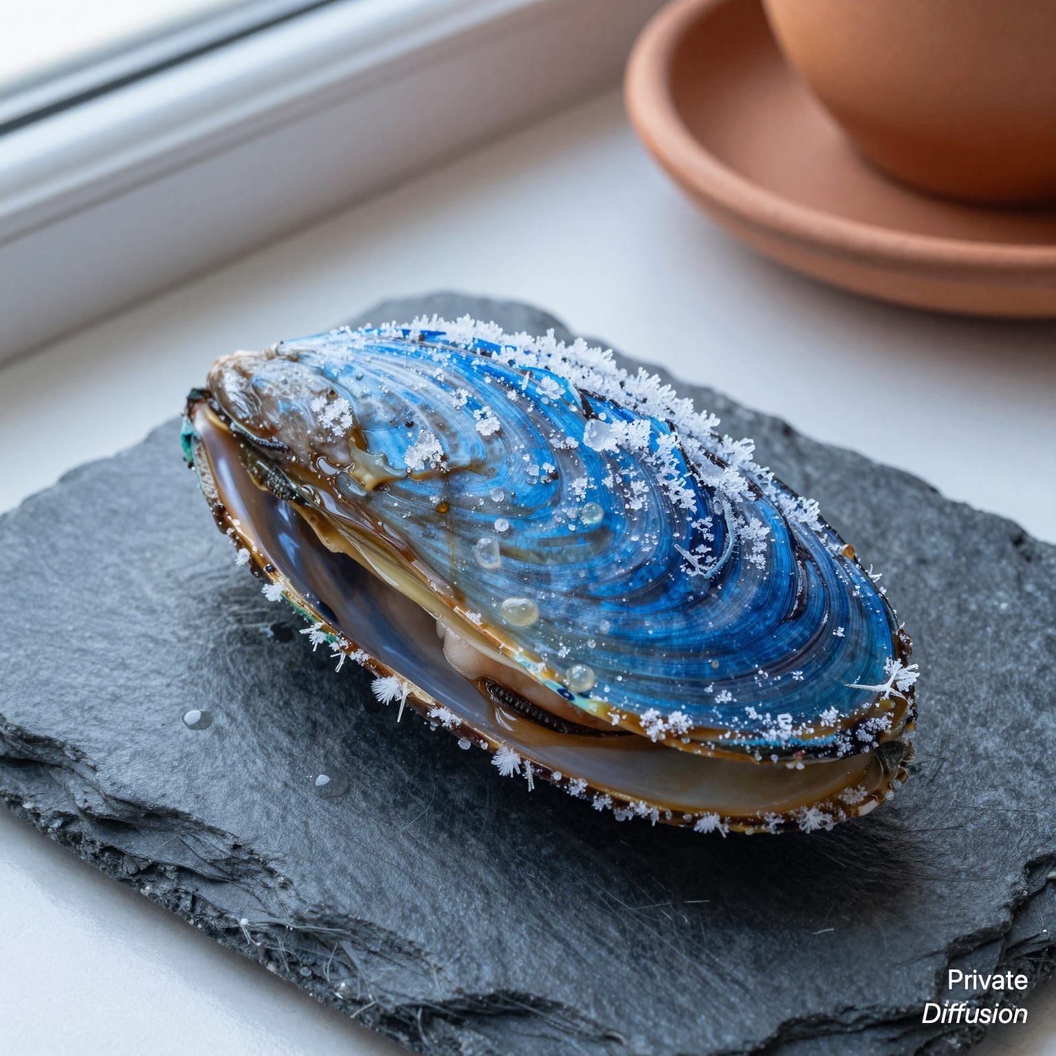 Frost crystals cling to the ridges of a blue mussel shell on dark slate.