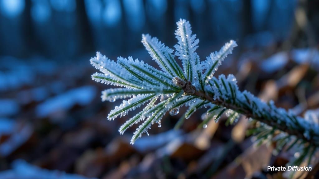 Branching frost crystals cling to a pine needle above a blurred winter forest floor.