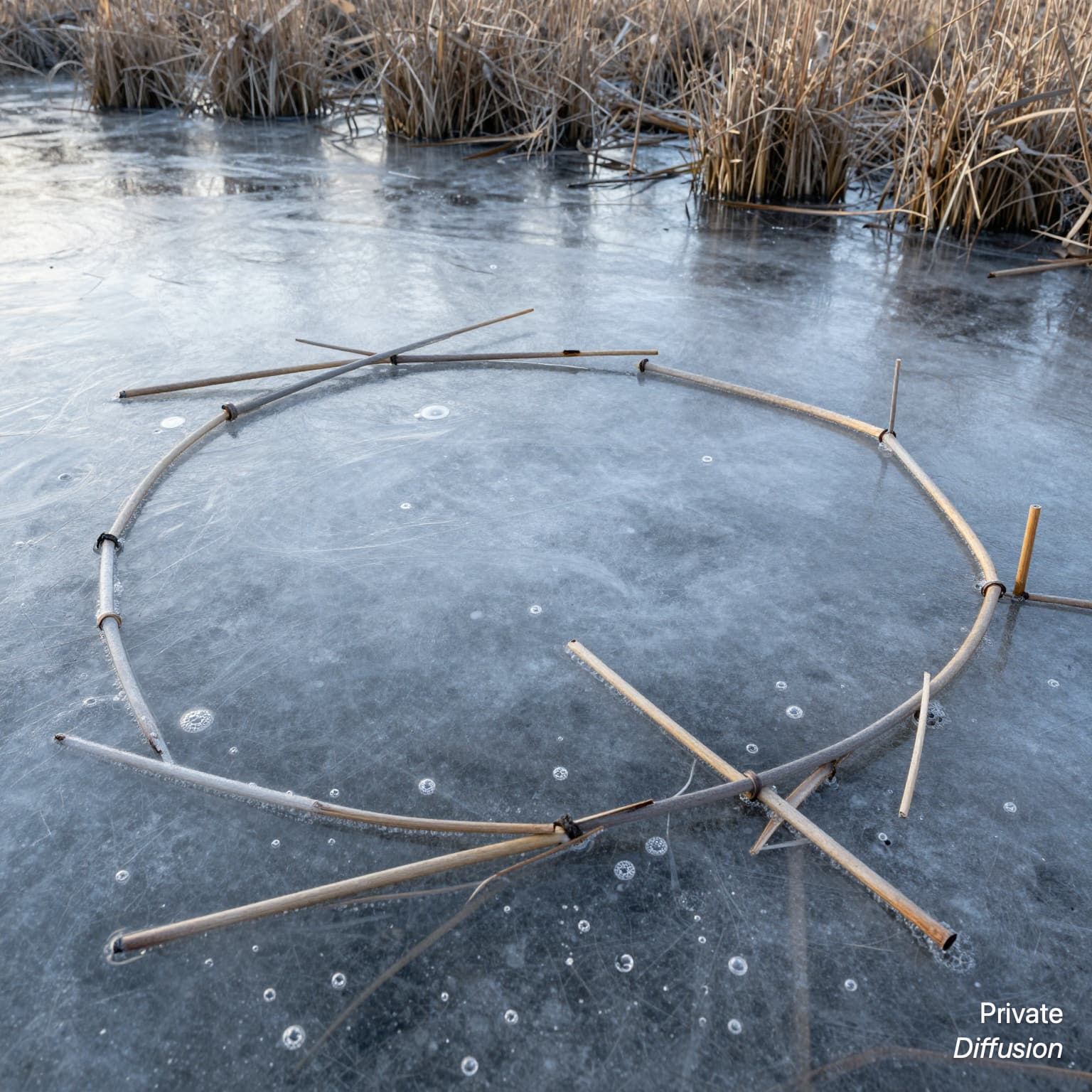Fallen reed stems make circular patterns inside thin pond ice.