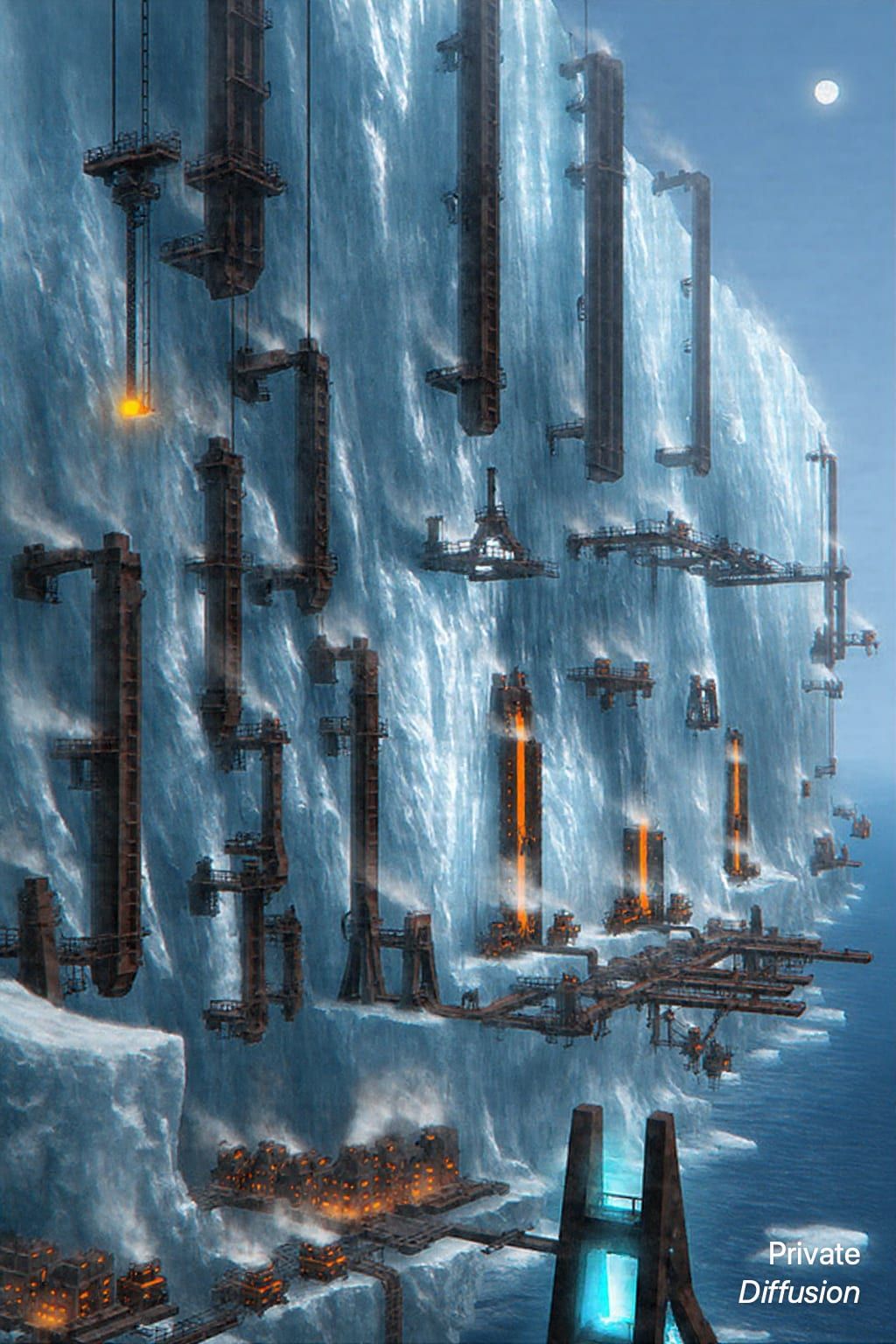 An icy industrial foundry forges harbor gates beside a frozen inlet.