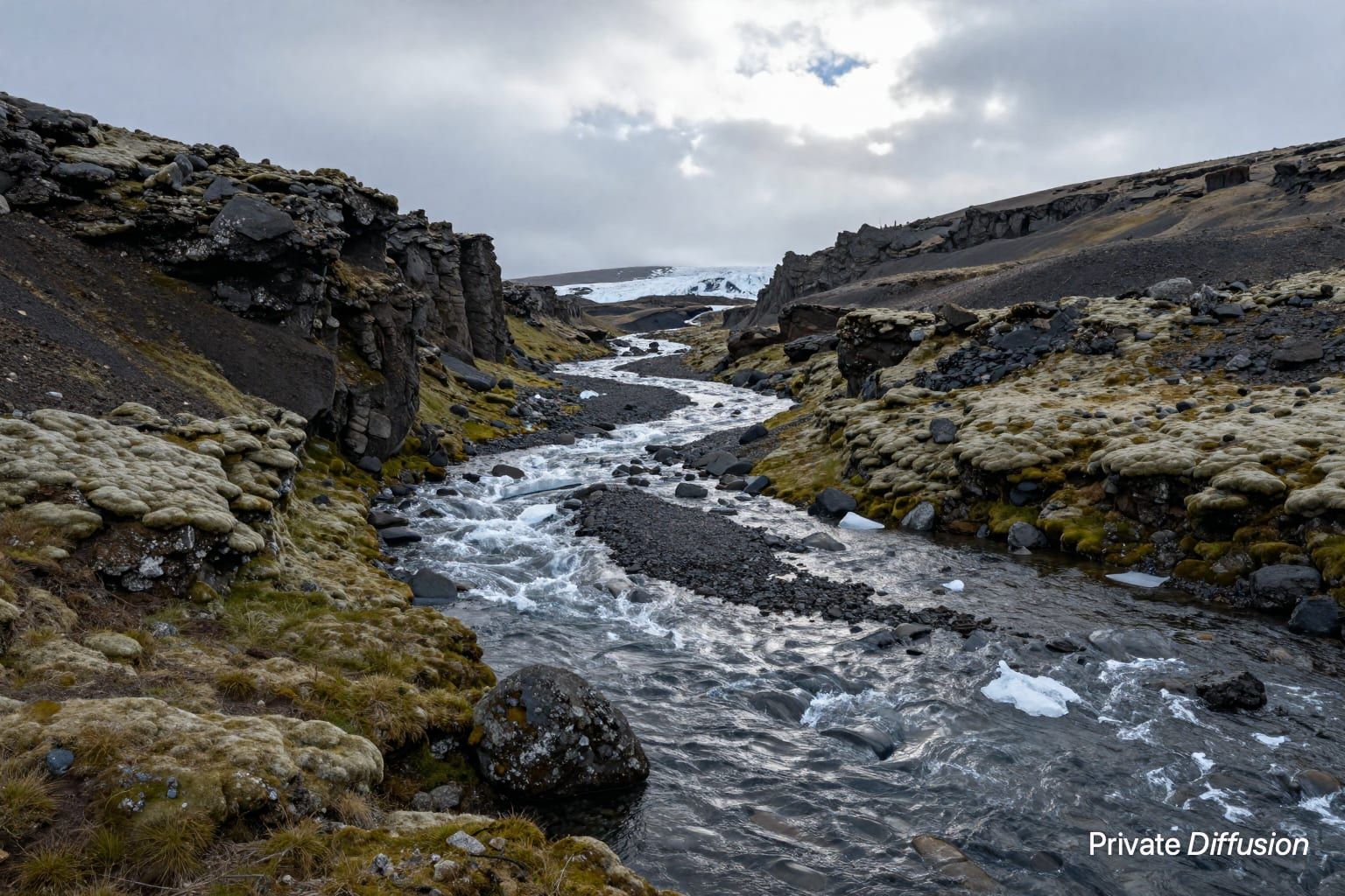 A braided glacial stream flows beneath black volcanic cliffs in a remote valley.