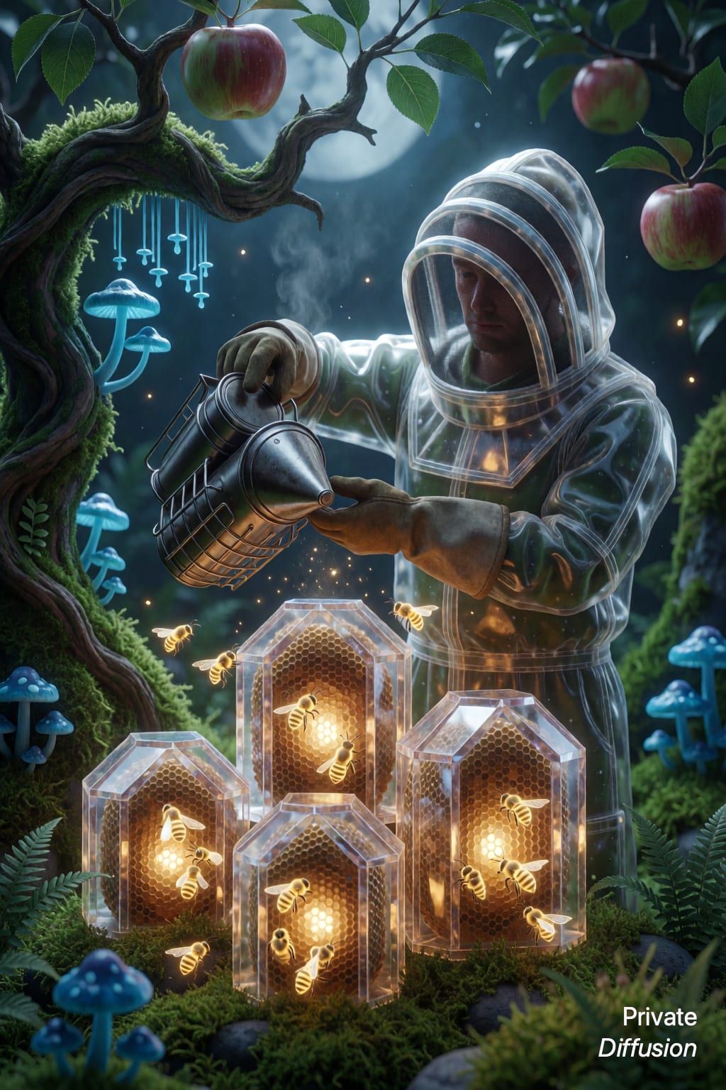 A glass-armored beekeeper tends glowing crystal hives in a moonlit garden.