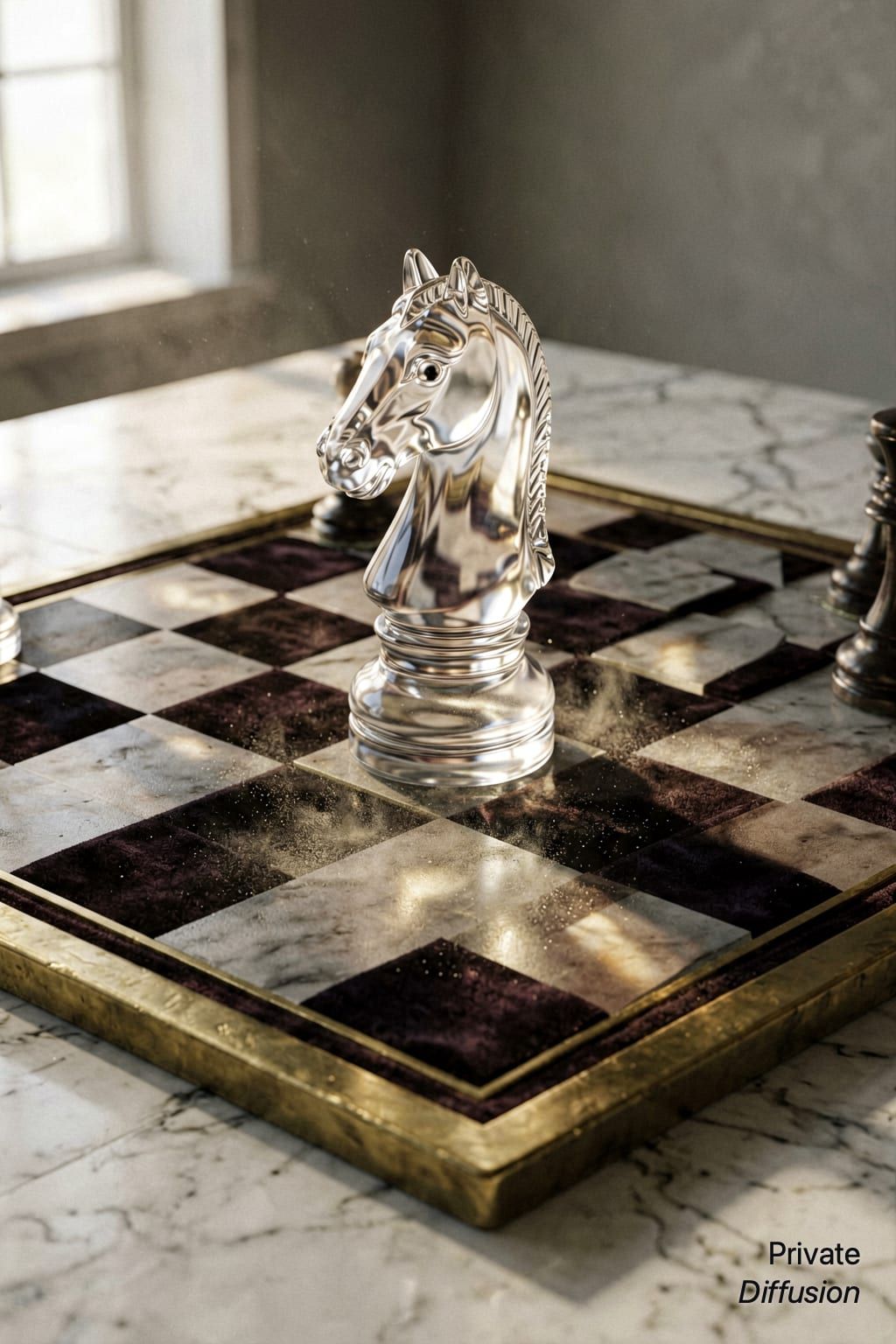 A transparent glass chess knight steps across a velvet board in soft studio light.