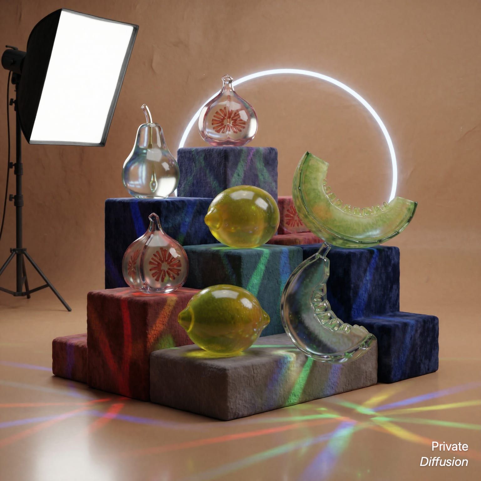 Translucent glass fruit balances on velvet blocks in a polished studio render.