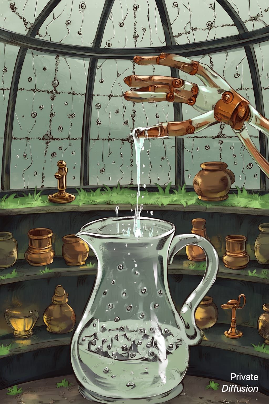 A transparent gardener waters silver seedlings inside a moonlit glass conservatory.