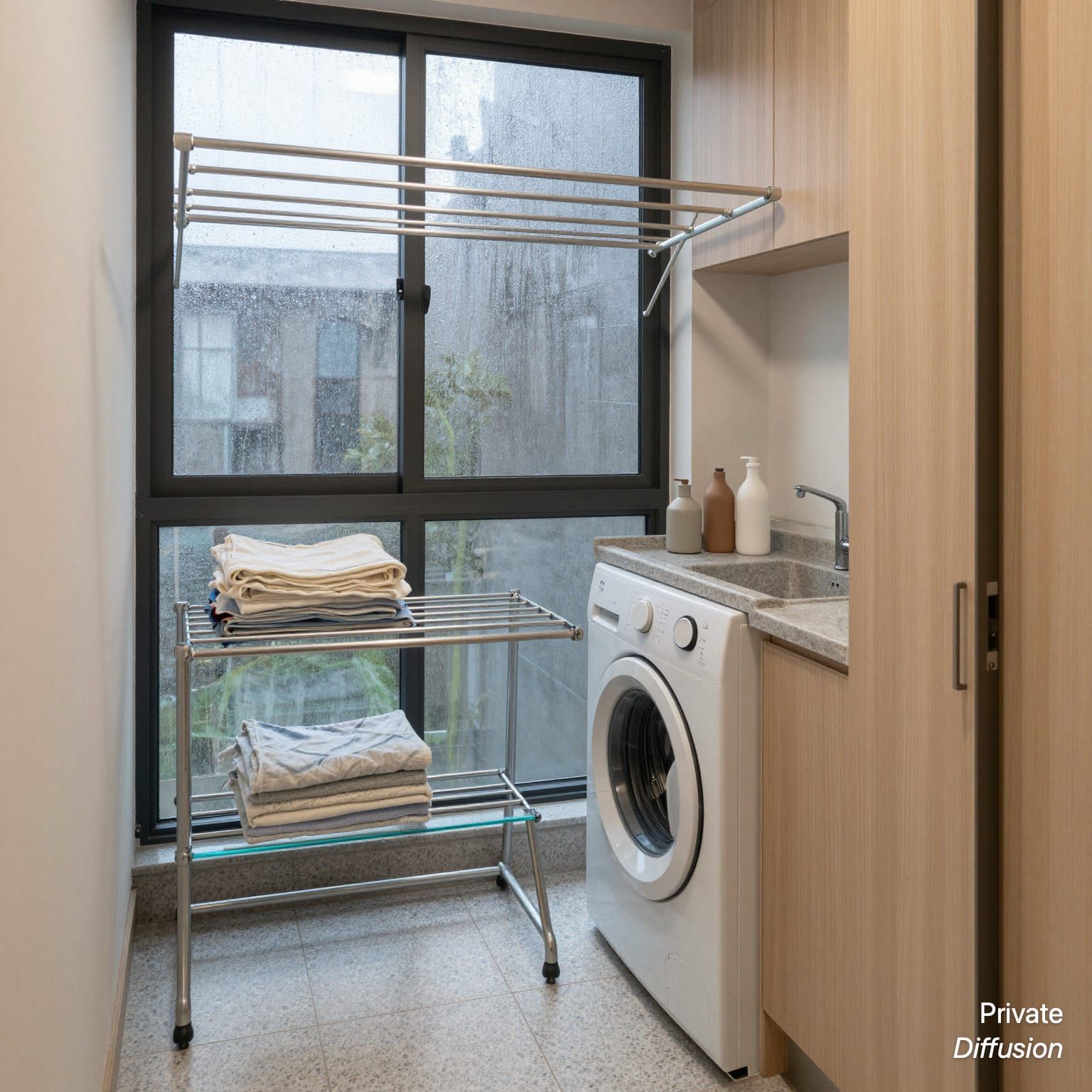 A tidy laundry room with glass racks, folded linen, and rainy window light.
