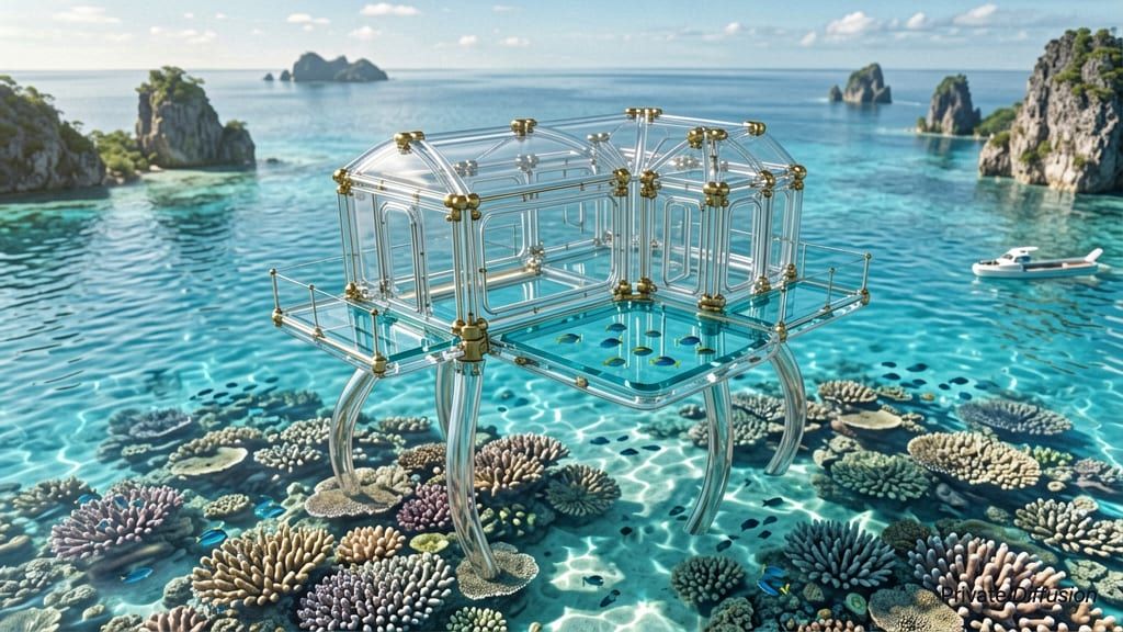 A glass ocean observatory stands above a coral reef in clear tropical water.