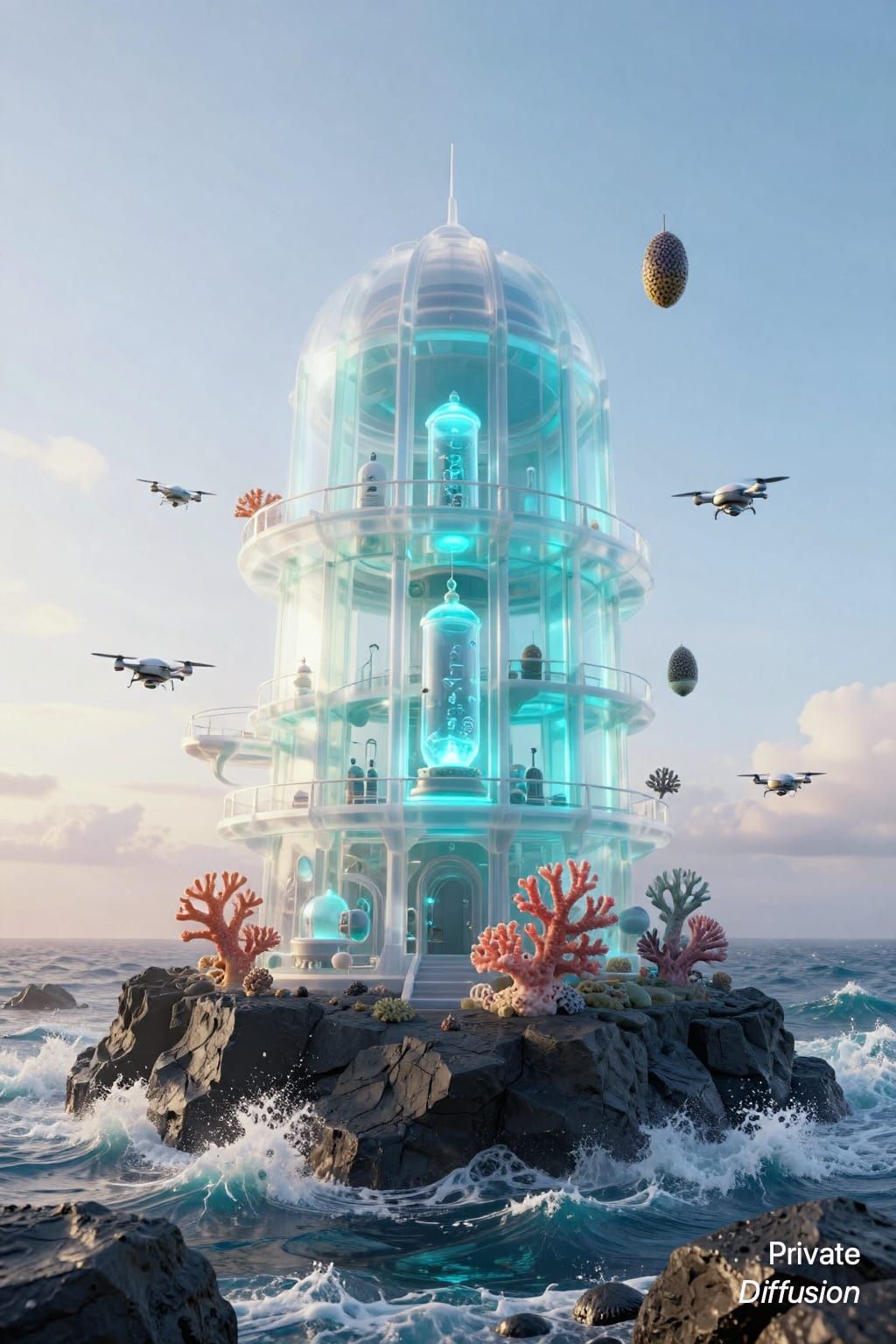 A tall glass observatory shaped like coral rises from a rocky island.