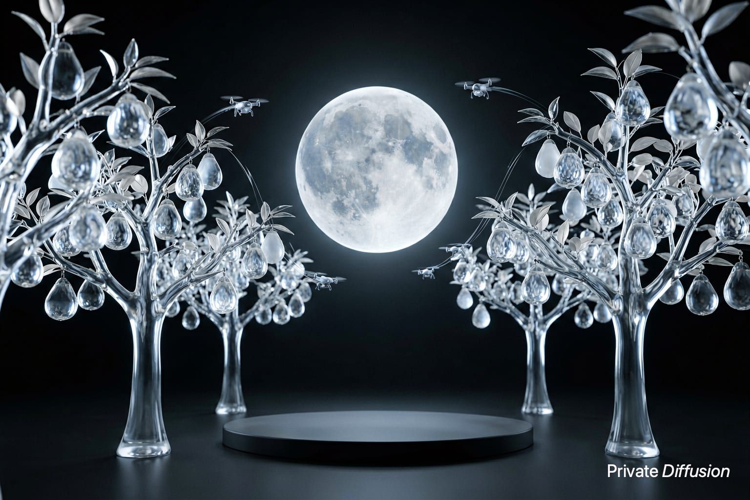 A glass orchard curves around a glowing crystal moon in a dark studio.
