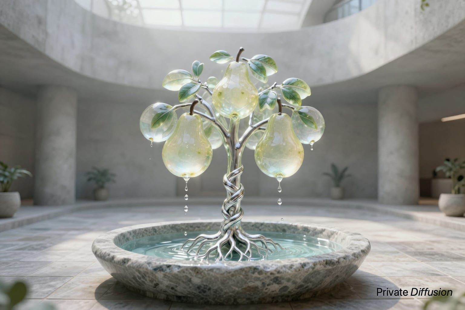 A glass fruit tree stands in a misty atrium above a shallow stone basin.
