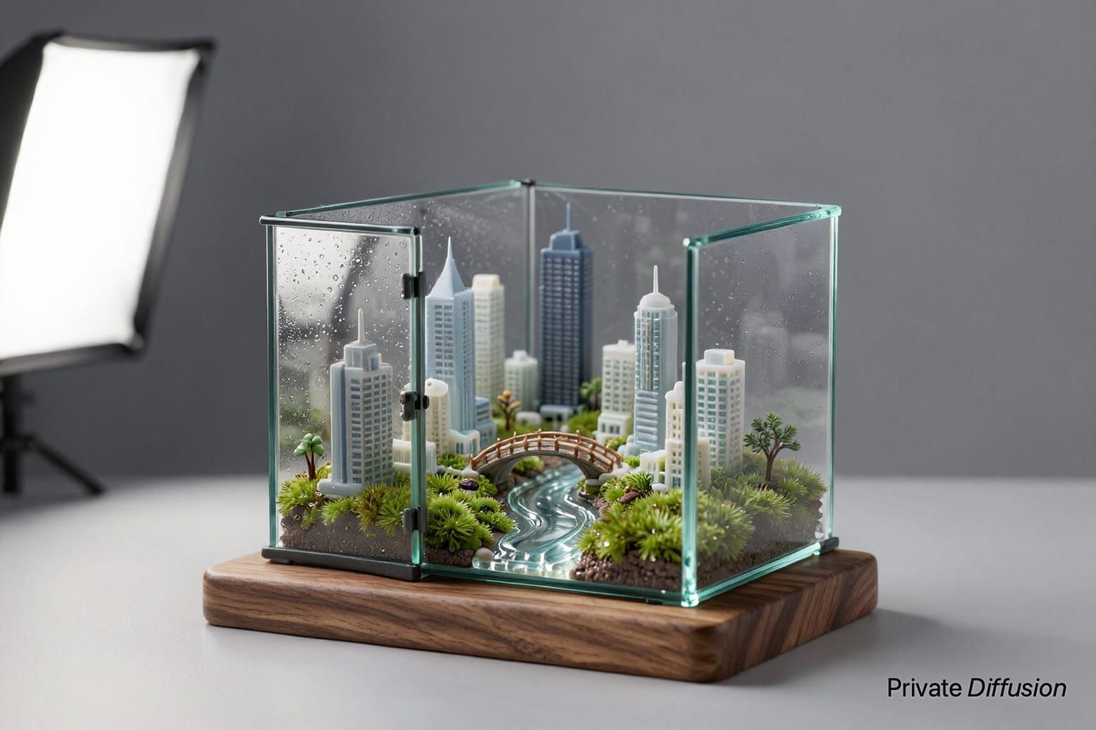 A glass terrarium city with moss, bridges, and resin canals sits on a walnut plinth.