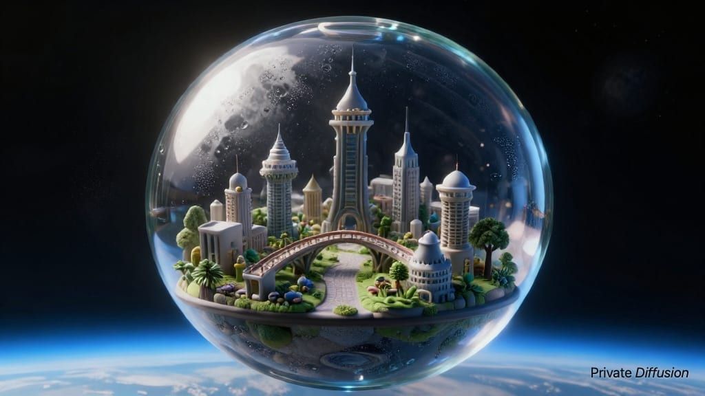 A transparent sphere holds a tiny garden city while floating above a planet.