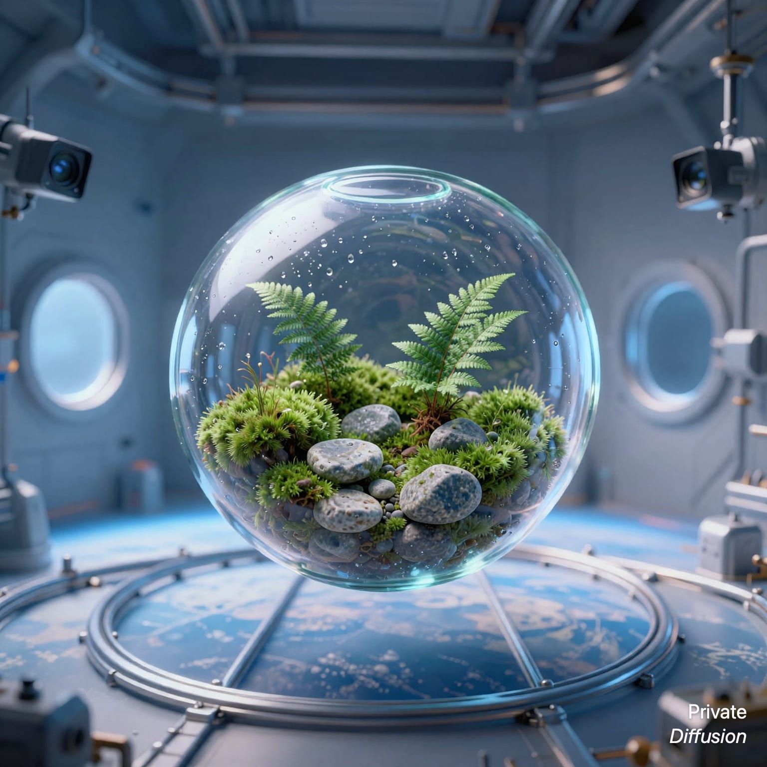 A glass terrarium sphere floats inside an orbital laboratory above a planet horizon.