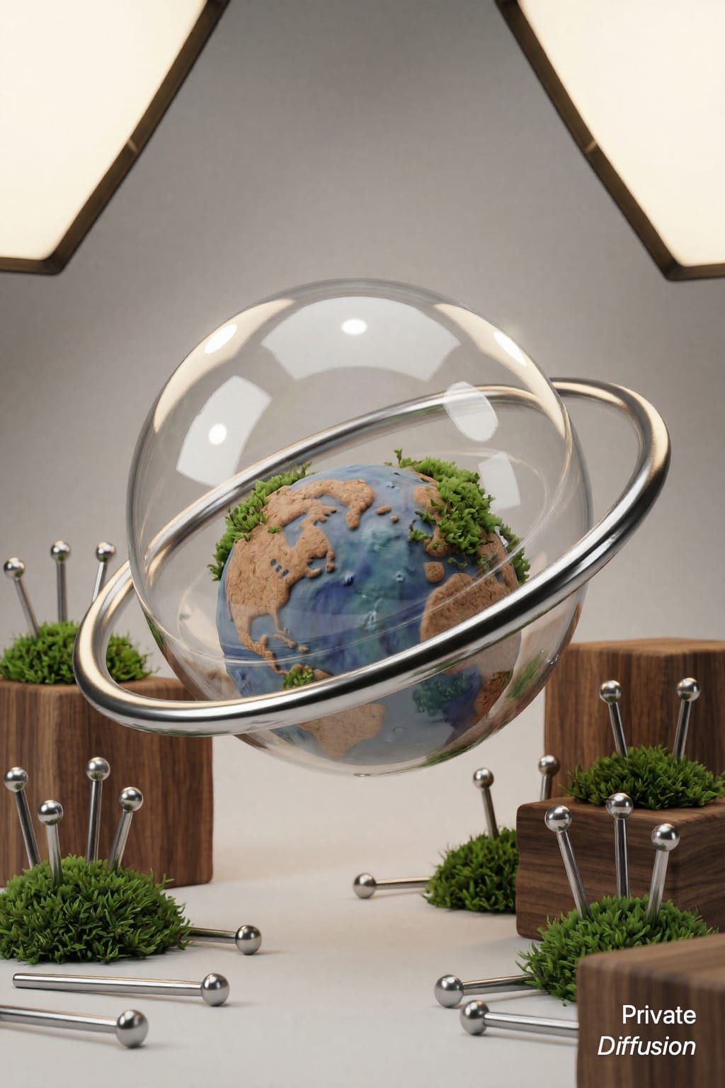 A glass terrarium circles a small ceramic planet in a clean 3D studio scene.