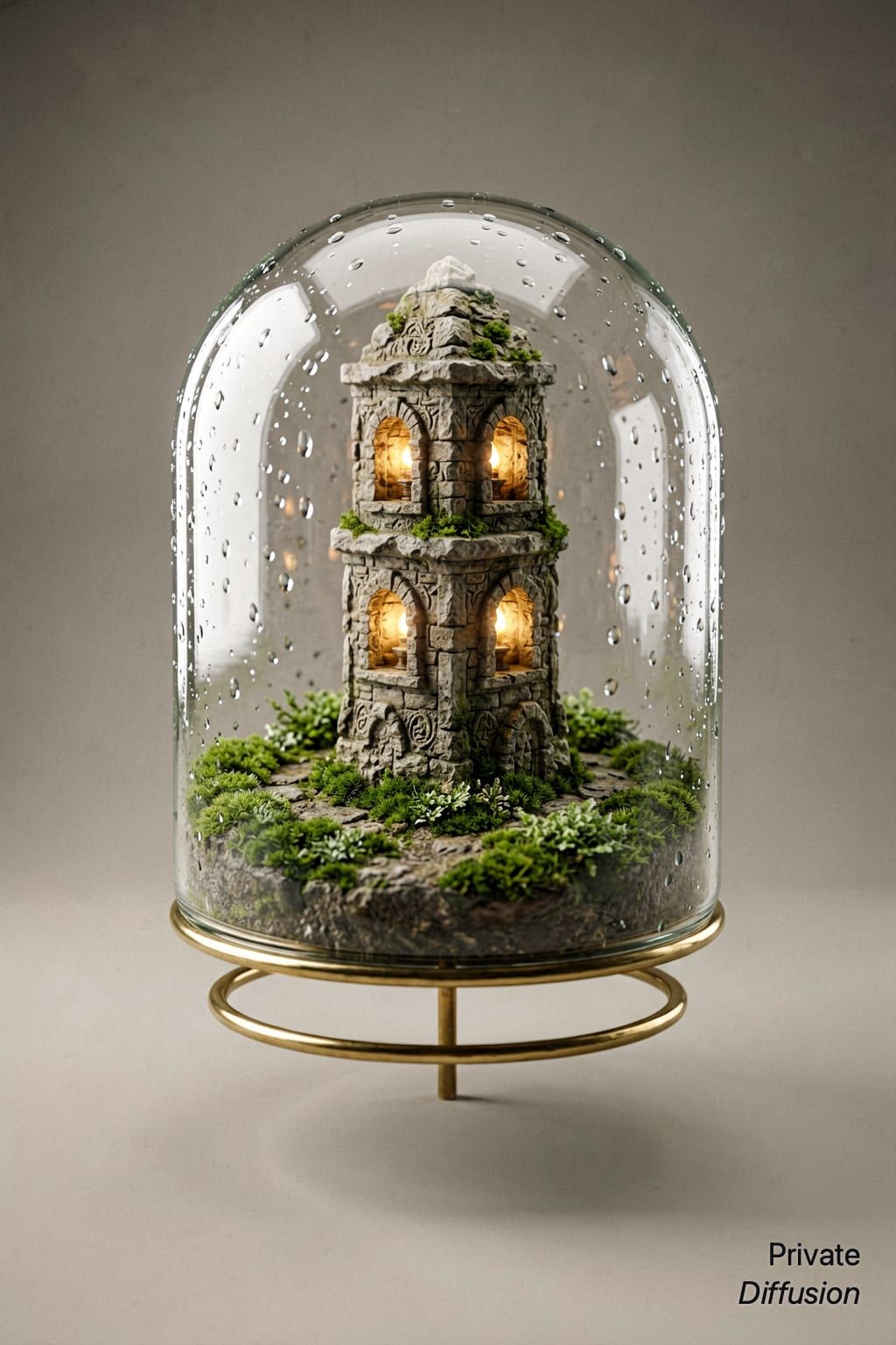A glass terrarium holds a tiny stone tower with moss paths inside.