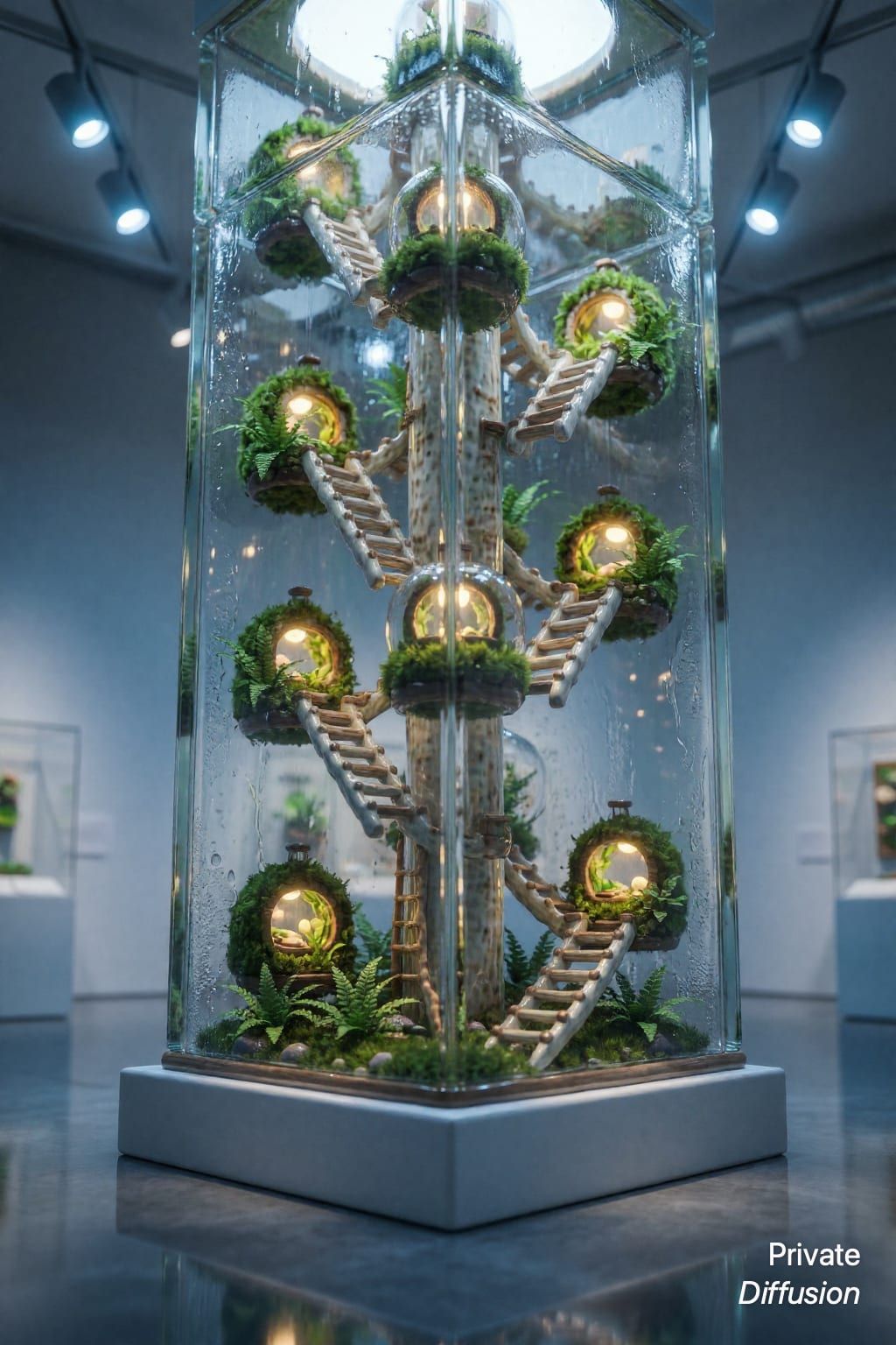 A glass terrarium tower contains moss rooms, walkways, and glowing miniature details.