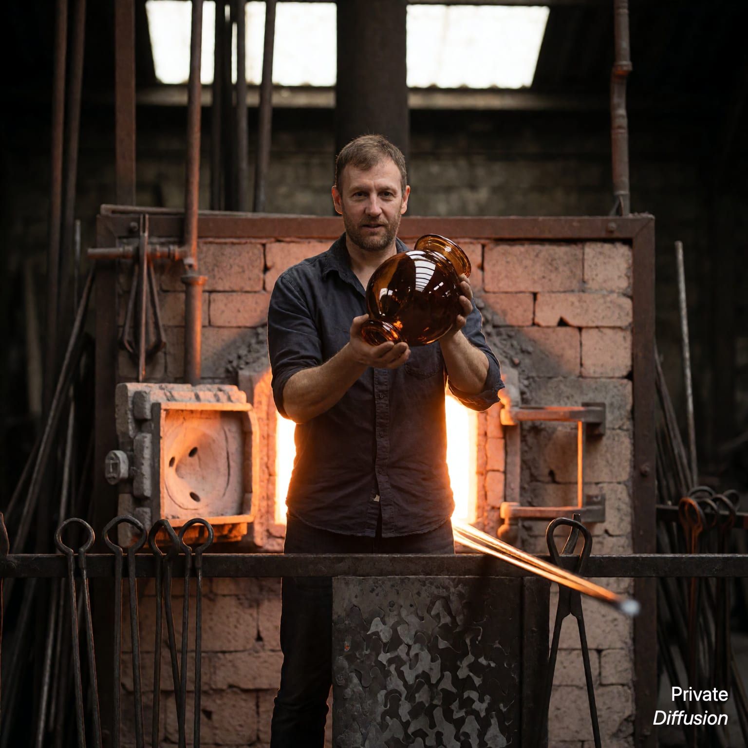 A glassblower holds an amber vessel in a dim workshop lit by furnace glow.
