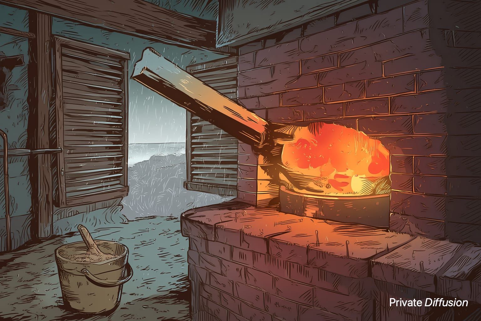 A glassblower shapes a glowing storm lantern inside a rainy harbor workshop.