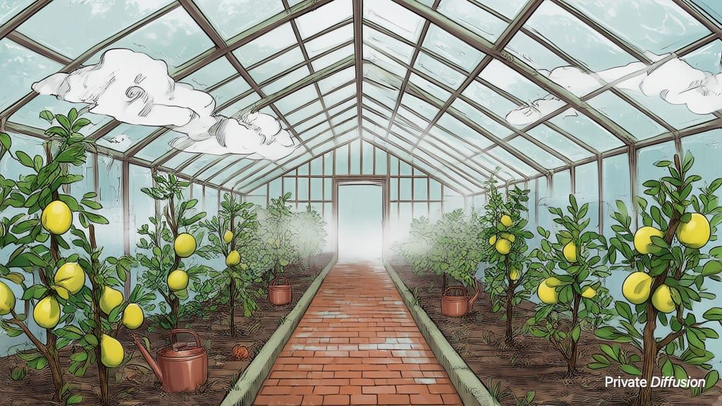 A wide illustrated greenhouse holds dwarf pear trees under misty morning light.