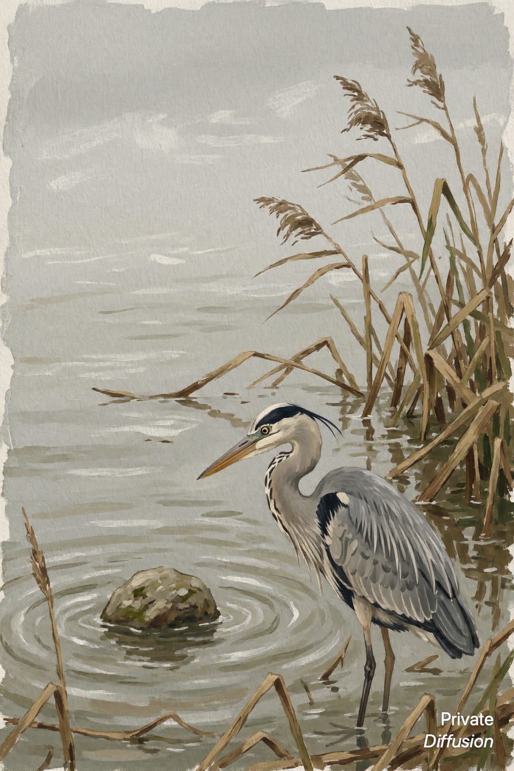 A gouache heron stands in shallow water beside bent winter reeds under overcast light.