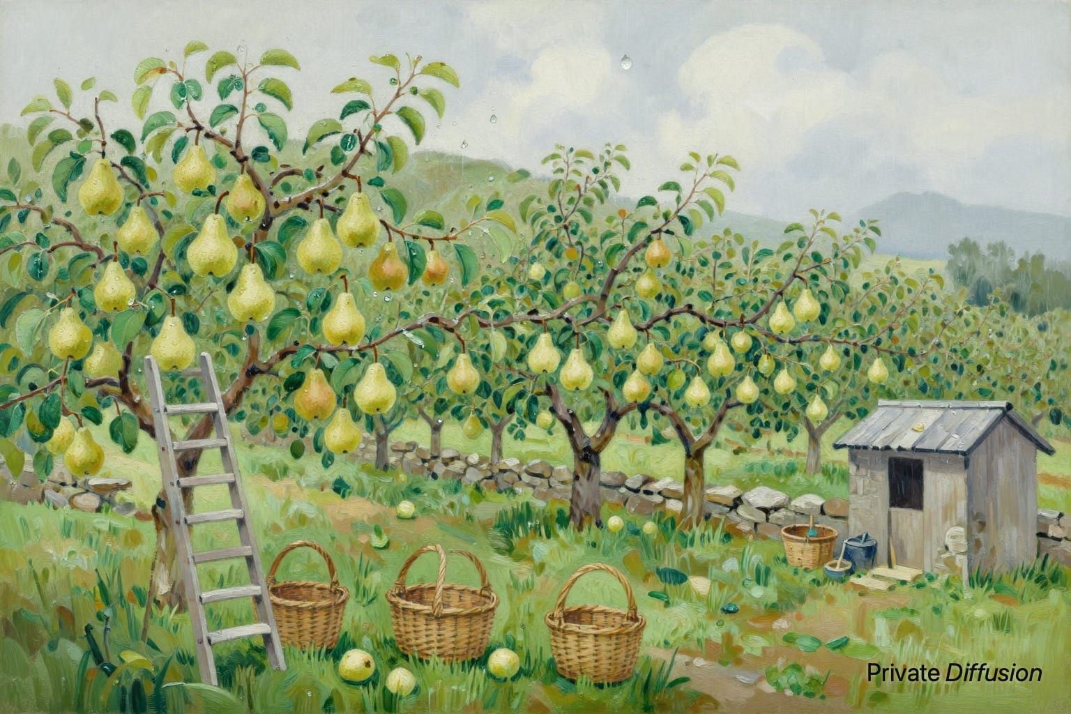 A pear orchard with ladders and baskets sits beneath glassy raindrops.