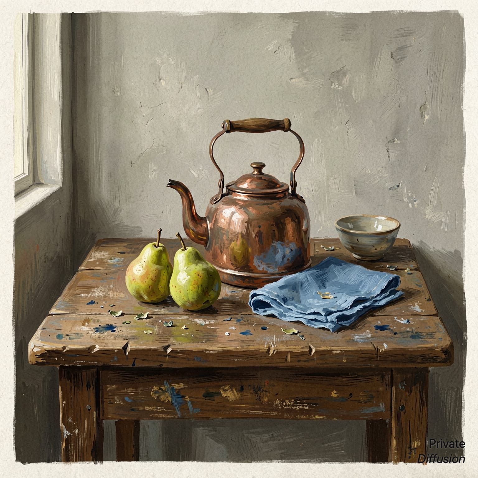 A gouache still life shows a copper kettle, pears, and blue cloth on a wooden table.