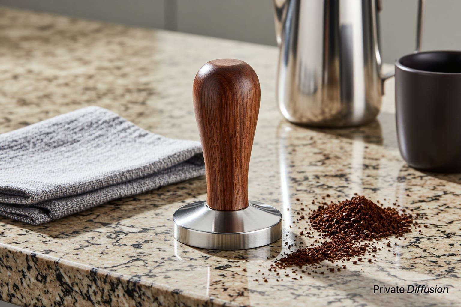 A stainless steel espresso tamper with a walnut handle stands on marble beside coffee grounds.