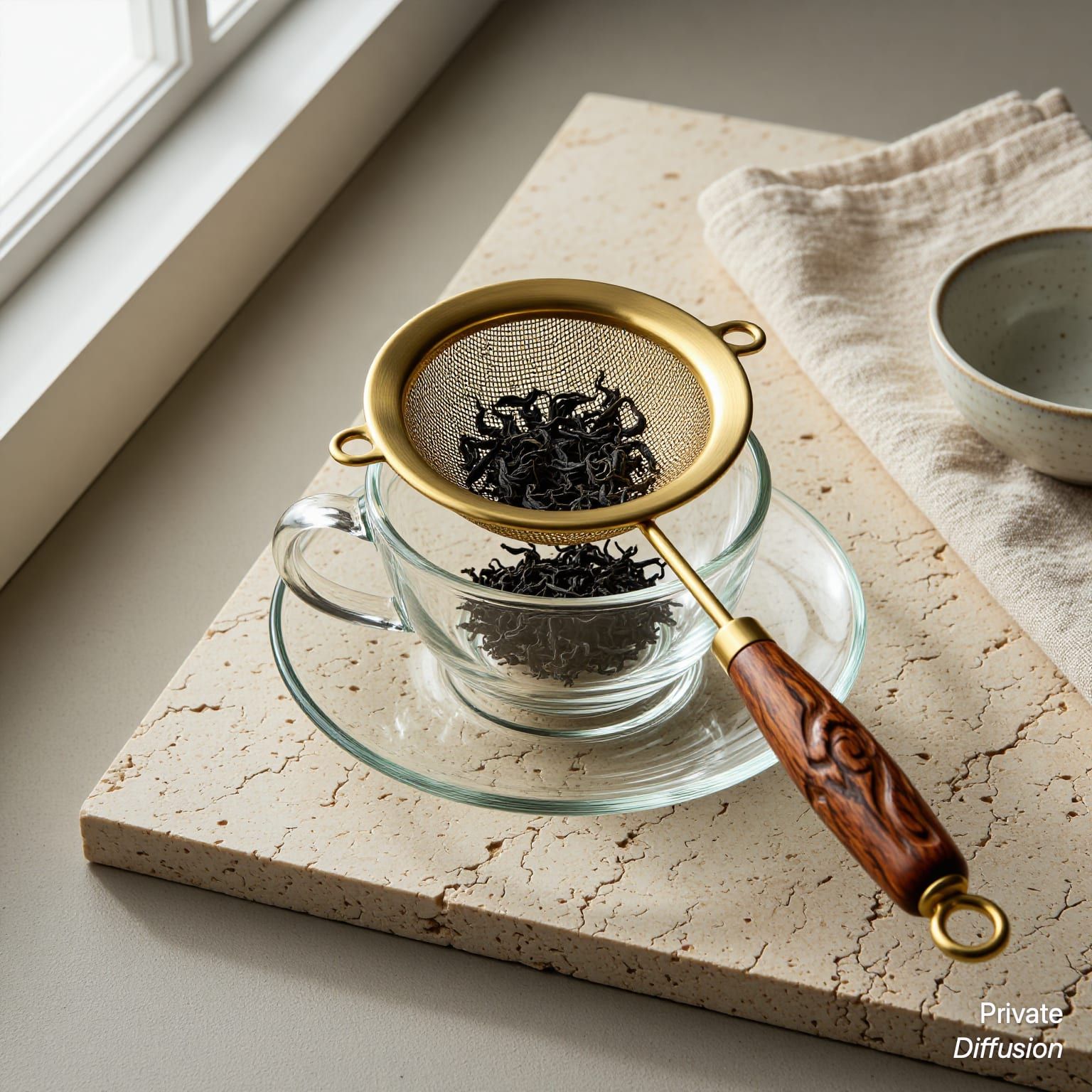 A brass tea strainer with tea leaves rests across a glass cup on stone.