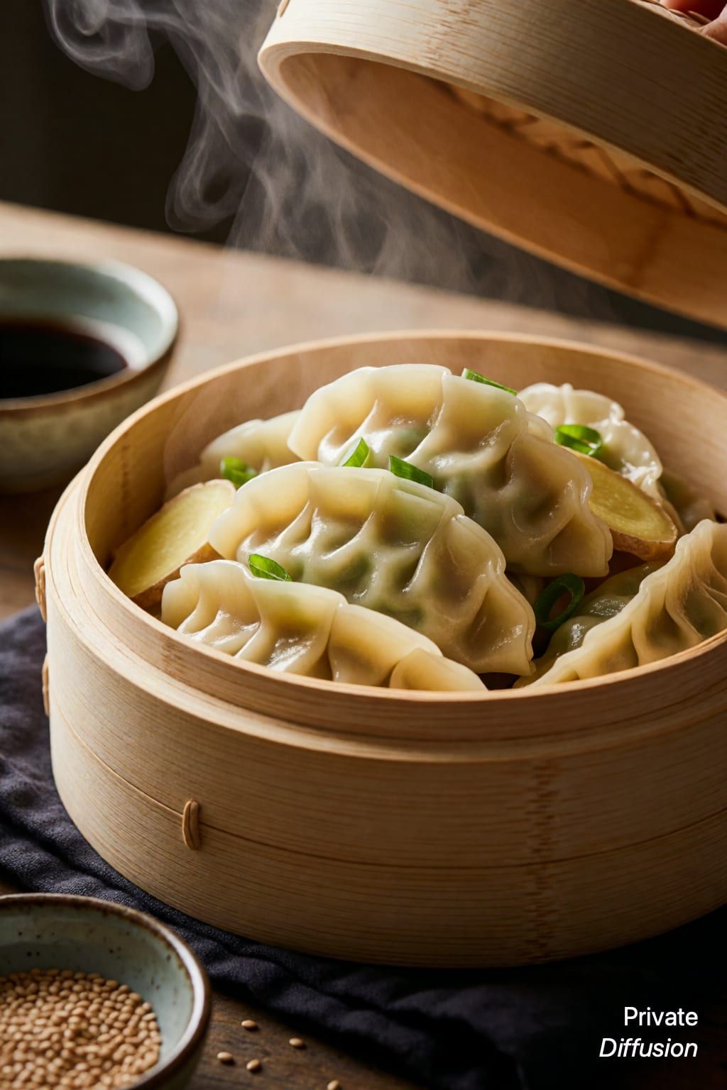 Steaming handmade dumplings sit in a bamboo steamer with garnish and a dipping bowl nearby.