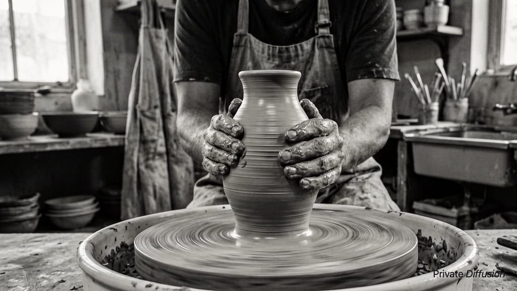 Hands shape a clay vase on a pottery wheel in a monochrome studio scene.