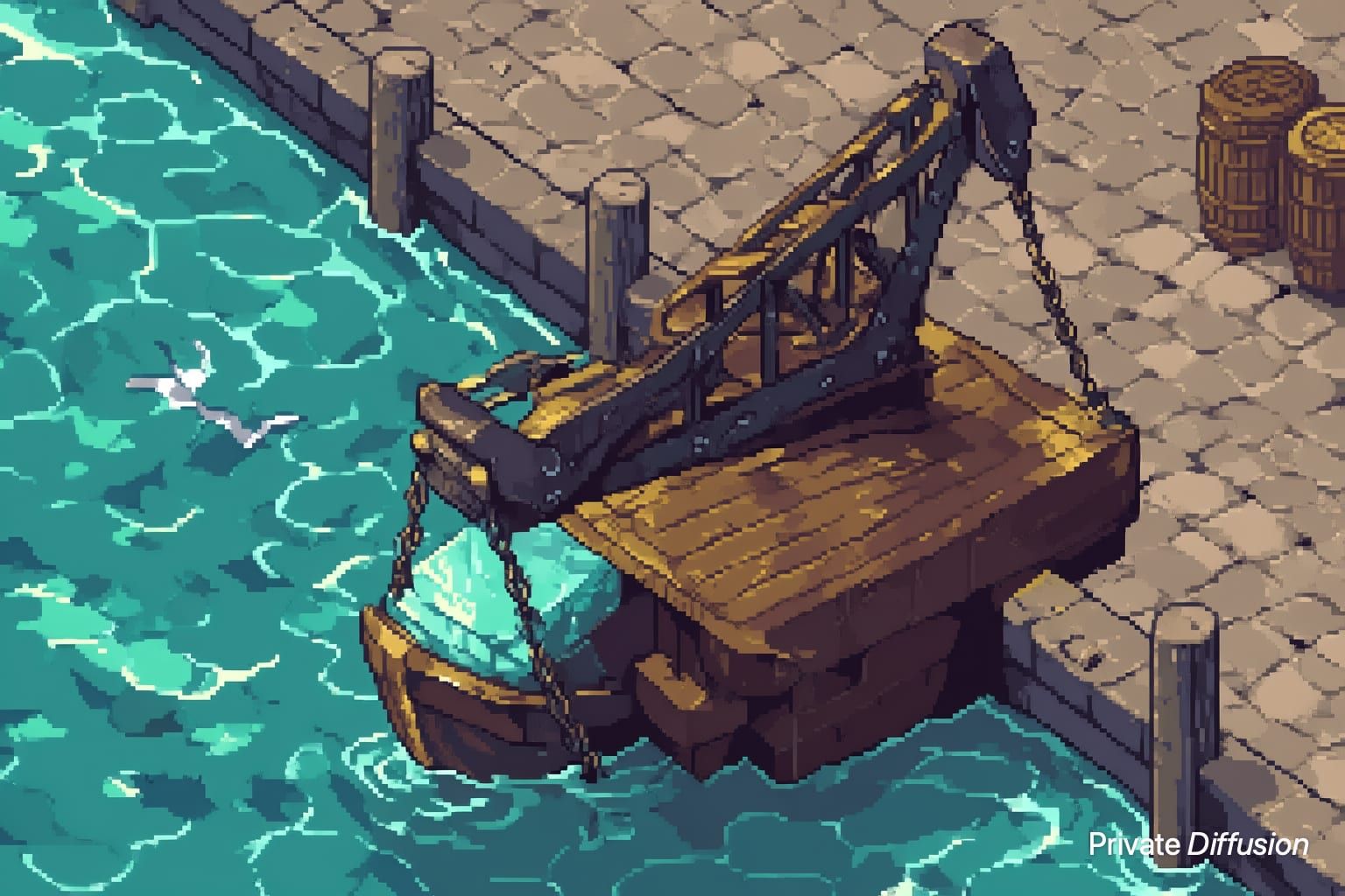 A pixel-art harbor crane lifts a glowing crystal engine from a barge.