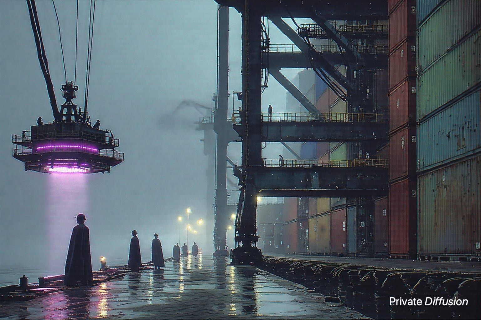 A huge autonomous harbor crane scans fog over wet cargo platforms at night.