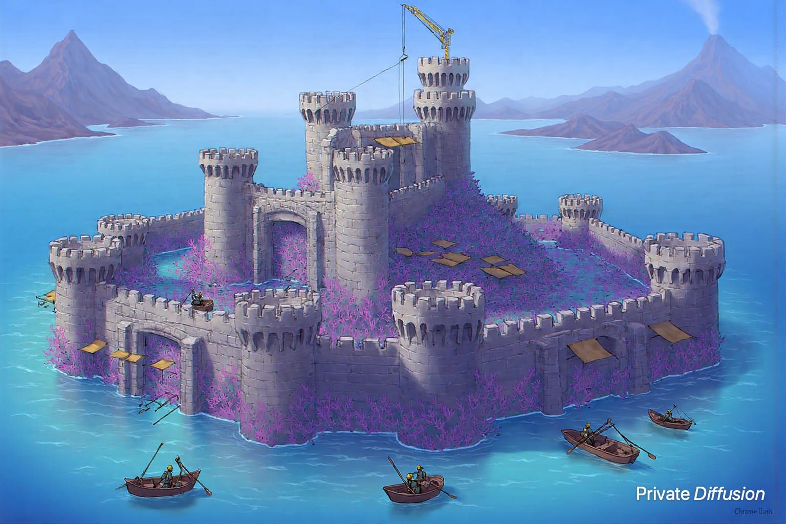 Engineers in skiffs build a coral harbor fortress with rope cranes and stone gates.