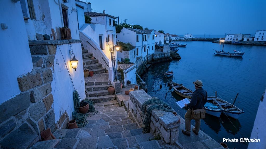 A traveler stands on whitewashed harbor stairs above small boats at blue hour.