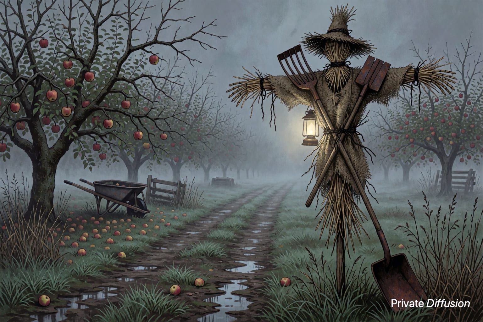 A handmade scarecrow looms beside a foggy orchard path at dawn.
