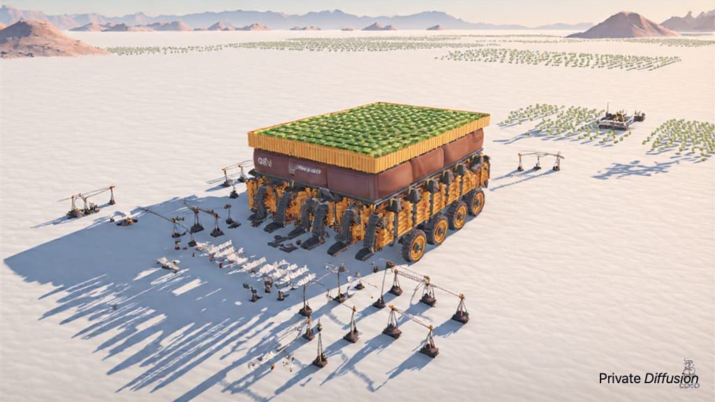 A huge walking harvest city crosses salt flats with workers repairing terraces on its hull.