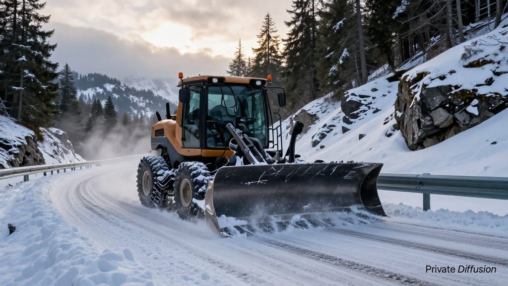A snowplow clears a curving mountain road at dawn.