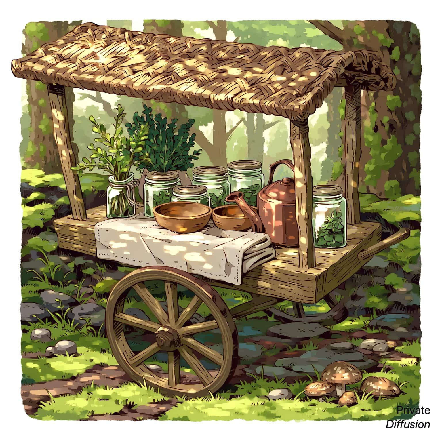 A cozy herbalist cart full of jars and herbs rests beside a forest well.