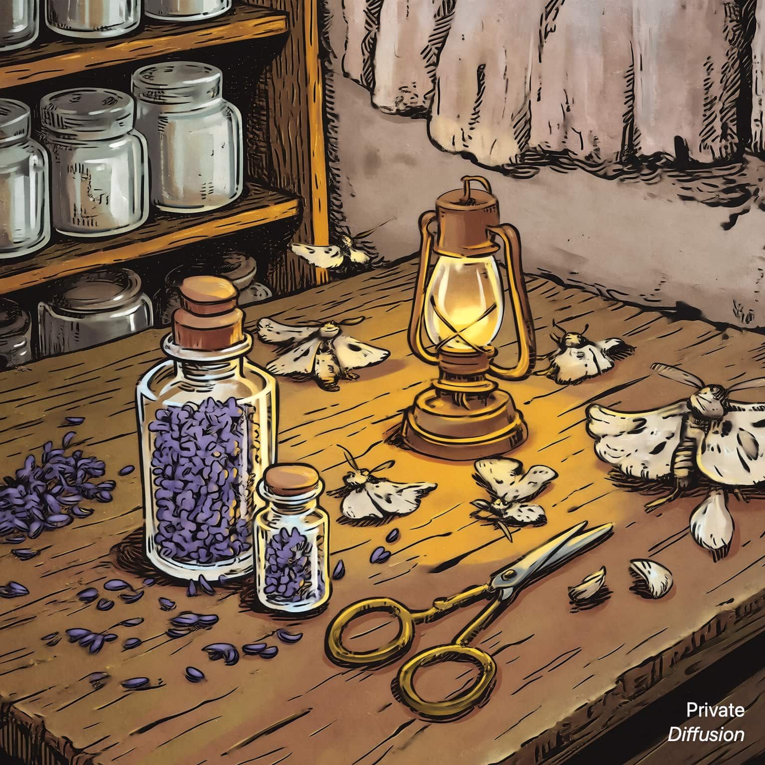 An illustrated herbalist table holds vials, herbs, tools, and moths around an oil lamp.
