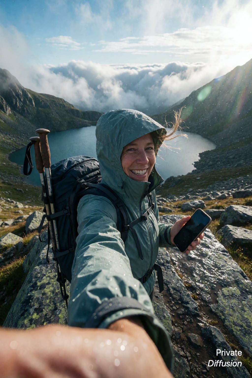 An adult hiker takes a smiling selfie on a rainy mountain ridge.