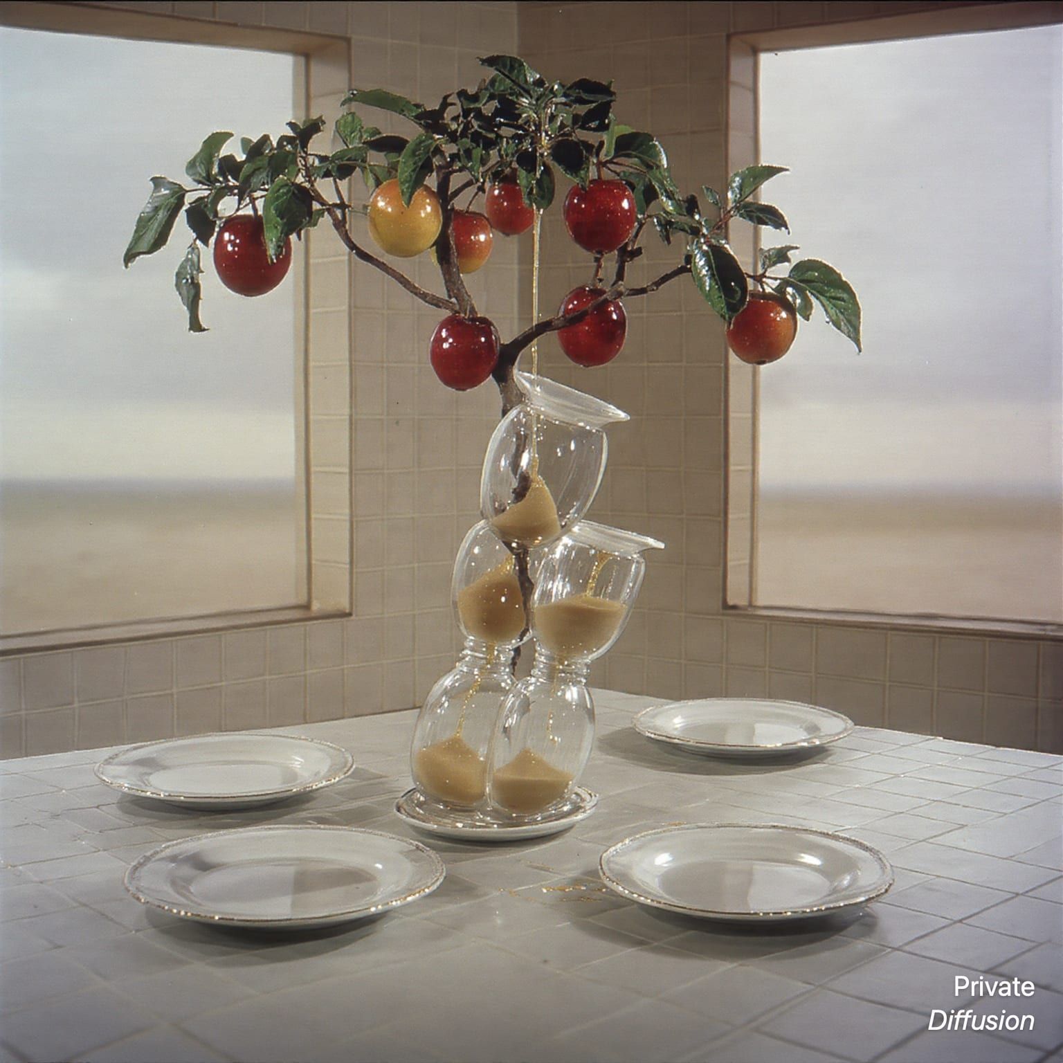 A breakfast table grows glass hourglass trees in a kitchen opening onto clouds.