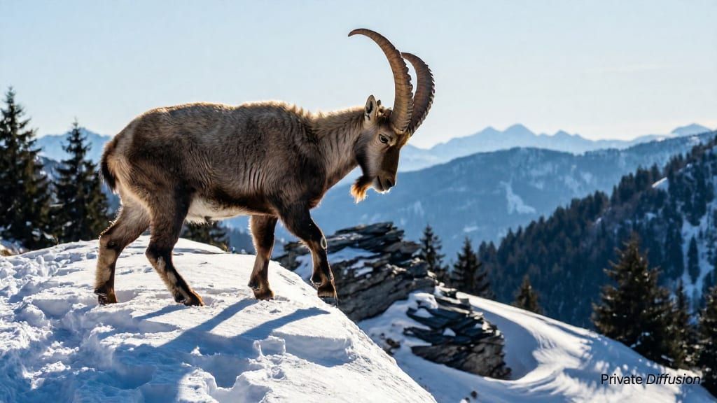 An alpine ibex steps along a snowy ridge above a pine valley.