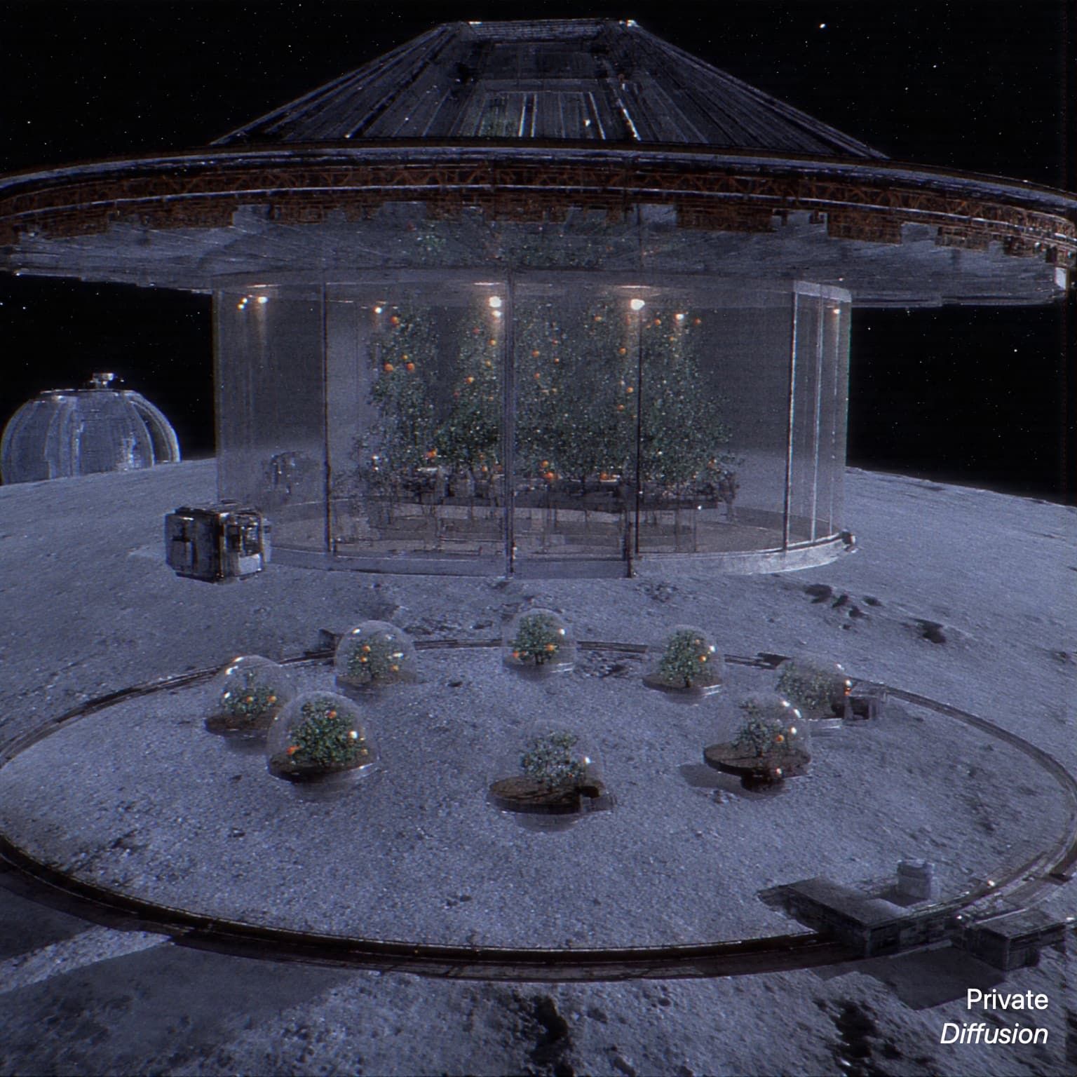 An orbital greenhouse with citrus trees circles above a cracked ice moon.