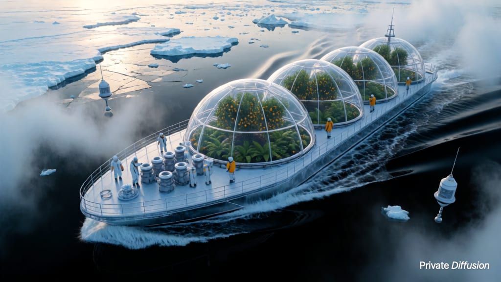 A greenhouse ship with glass domes breaks through icy black water at dawn.