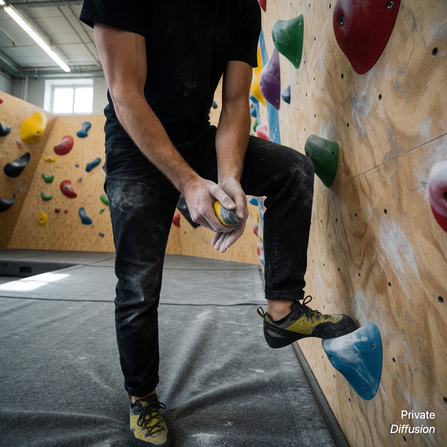 An adult climber chalks their hands beside a bouldering wall with mats and colorful holds.