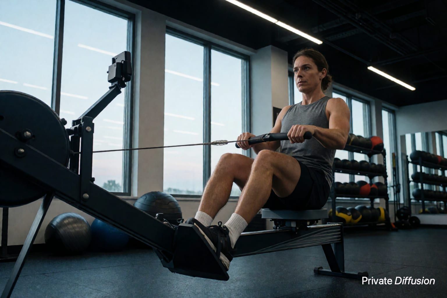 An adult athlete rows on an indoor machine in a bright morning gym.