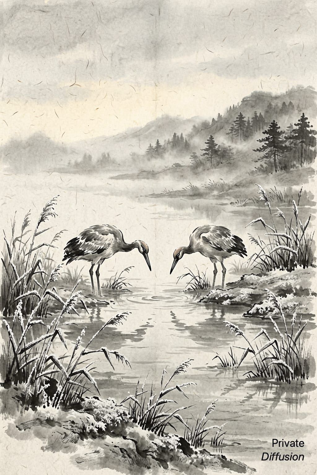 Two cranes stand in frosty reeds beside a misty riverbank.