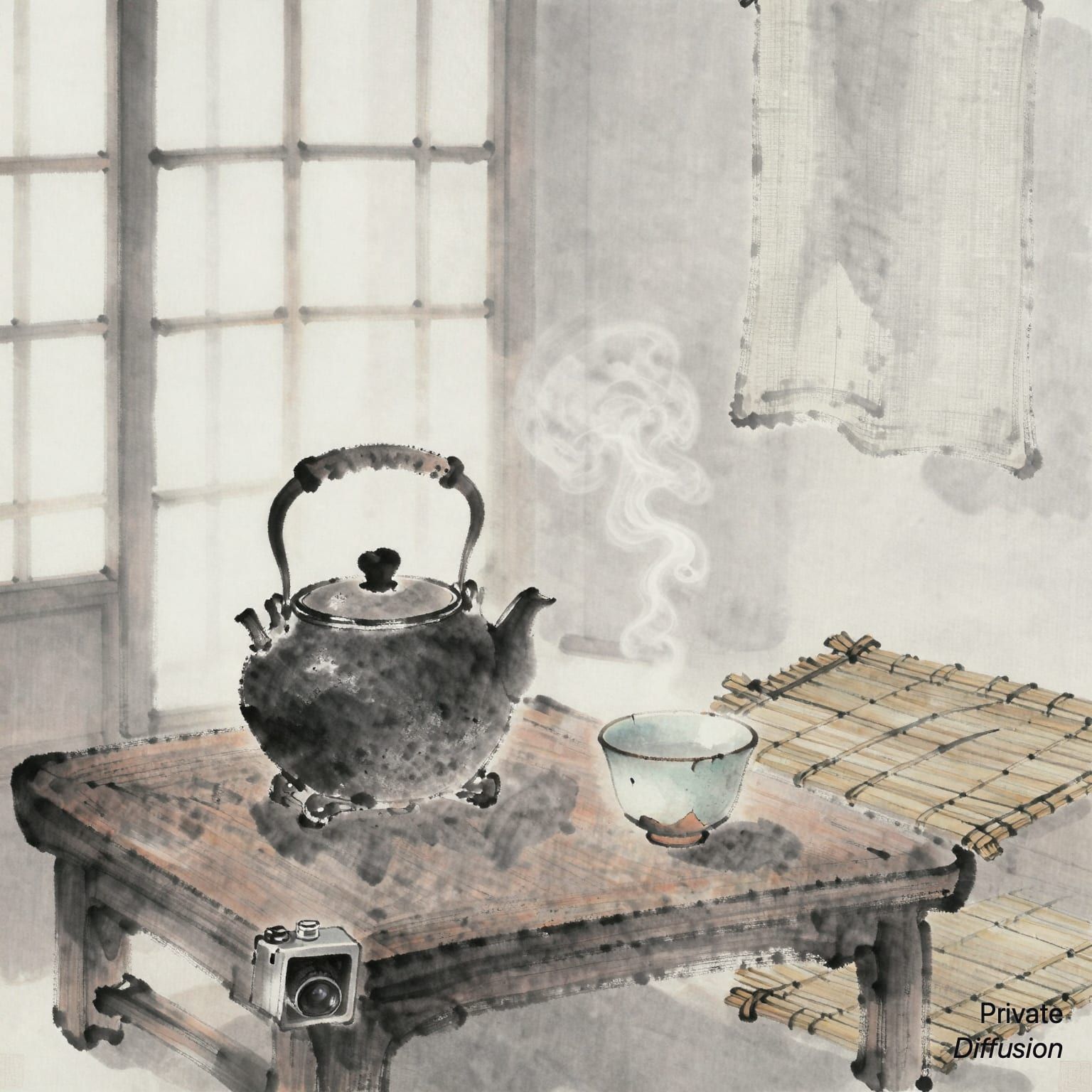 A cast iron kettle steams beside a ceramic cup in an ink wash room scene.